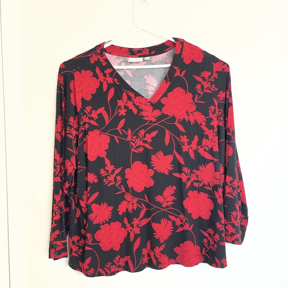 Belle Kim Gravel‎ Shirt Womens 4X Red Black Floral  V Neck Long Sleeve Casual